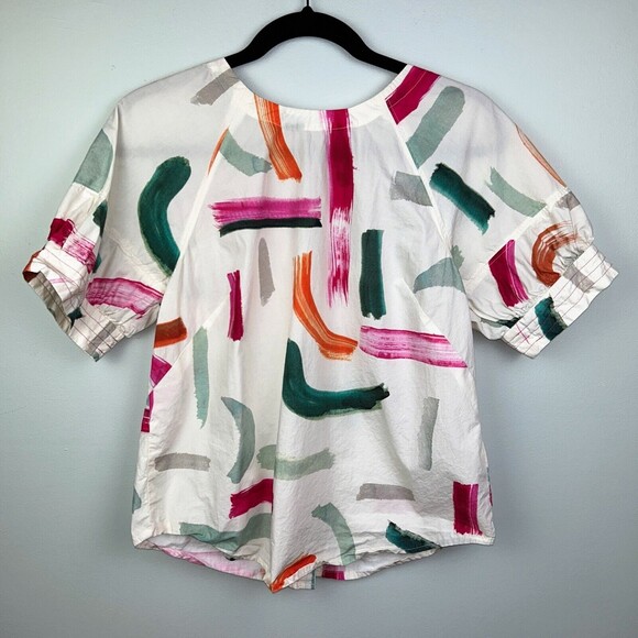 Anthropologie Aimee Clarke Art Brushstroke Button Back Puff Sleeve Top Womens XS - Picture 4 of 16